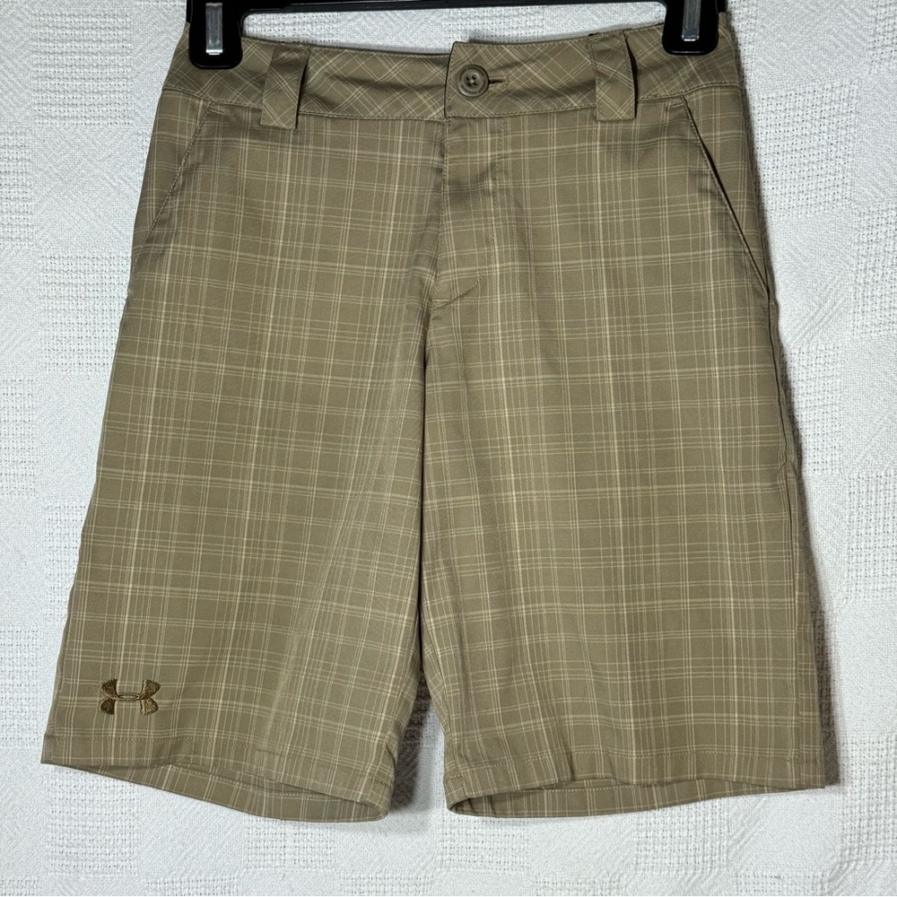 Under Armour Performance Boys Tan‎ Plaid Shorts size Youth Small loose fit